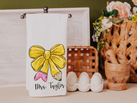 Custom teacher coquette pencil bow towel