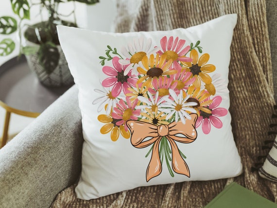 white daisy accent pillows for living room, sunflower gifts for her, floral coquette throw pillows for couch, gardener gifts for women, 5th