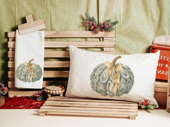 oyster shell pumpkin decorative pillows for breakfast nook, nautical pumpkins autumn kitchen towels, Thanksgiving hosting gift, fall coastal