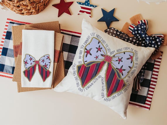 stars and stripes coquette kitchen towel for mom, God bless America 4th of July throw pillows for porch swing, patriotic gifts for women