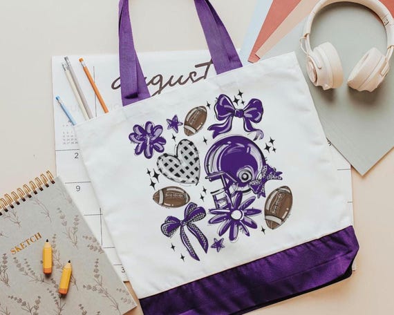 football coquette game day tote bag for women, purple school pride school spirit bags, trendy school supplies, back to school gifts for