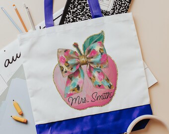 Bolso de mano personalizado con diseño de manzana de acuarela para maestra, con nombre, lindos regalos para maestras y compañeras de trabajo, bolsos coquetos para libros, maestra de preescolar