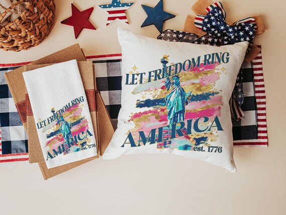 let freedom ring throw pillows for porch swing, Americana decor with pink 4th of July kitchen towels, military mom gifts, America est 1776