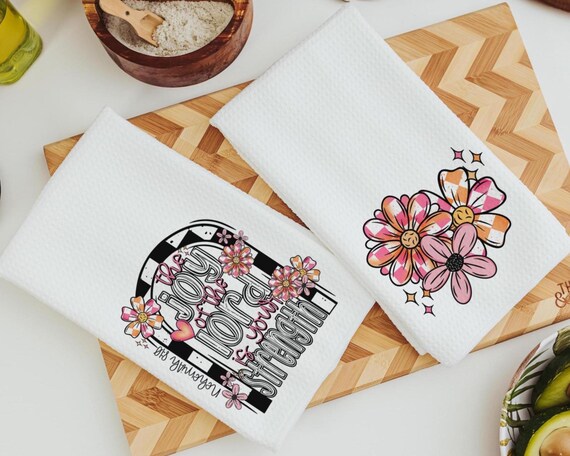 the joy of the Lord is your strength kitchen towels for bridal shower, Christian kitchen finds, faith gifts for her, floral kitchen decor