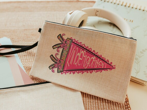 pink pennant coquette pencil pouch with zipper, kindergarten school essentials, kindergarten back to school for teachers, school supplies