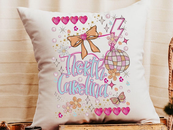 custom Raleigh NC state throw pillows for couch, pink preppy pillows for bed, Charlotte North Carolina gifts, college student gifts, Winston