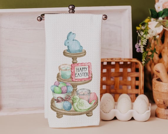 Happy Easter kitchen towels for gifts, Easter hostess gifts for women, pastel Easter kitchen hand towels for church, Easter eggs and bunnies