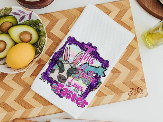 this heifer funny Easter kitchen towels for decor, Easter bunny cow hand towels for bathroom, cute cow gifts for cow lovers, Easter gifts