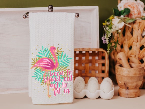 born to stand out flamingo hand towels for bathroom, tropical kitchen towels, flamingo kitchen decor, beach house gifts, flamingo gifts for