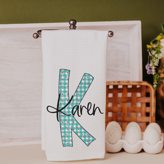 personalized turquoise gingham kitchen towels for gifts, pink flamingo hand towels for bathroom, cute initial dish towels for kitchen, beach