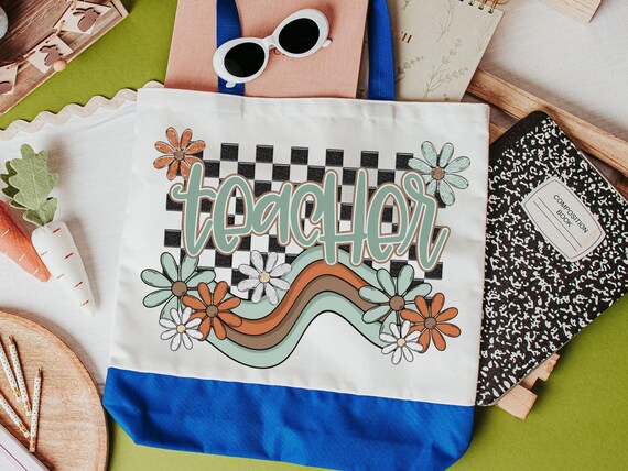 retro teacher tote bag for school, groovy teacher appreciation week gifts for women, reusable shopping bag, cute teacher gifts for coworkers
