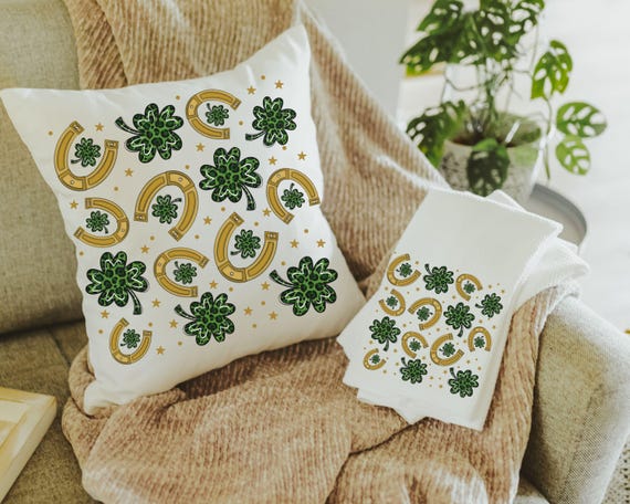 lucky charm gold horseshoe St Patricks day throw pillows for sectional, leopard print green shamrock St Pattys day kitchen towels, Irish