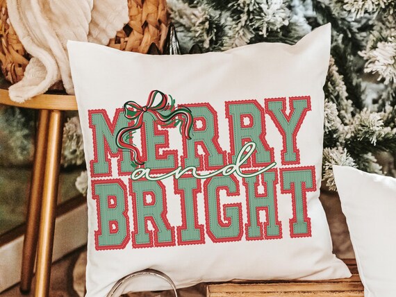 merry and bright preppy Christmas throw pillows for couch red and green seersucker Christmas decor, holiday hosting decor home decor gift