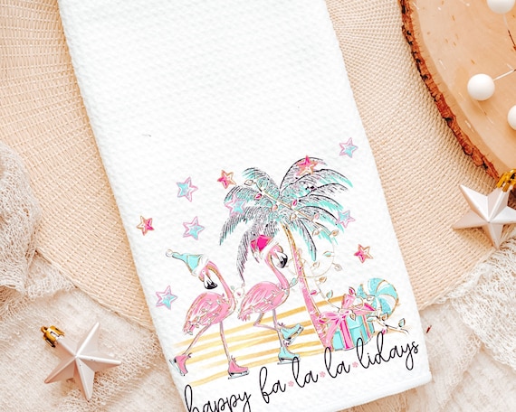 fa la la Christmas kitchen towel holiday kitchen tea towels for Christmas, flamingo Christmas hand towels beach Christmas gifts for neighbor