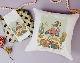 retro flamingo throw pillow covers for sofa, bnb decor, cute kitchen towels for summer, tourist gifts, vacation rental decor, flamingo gifts