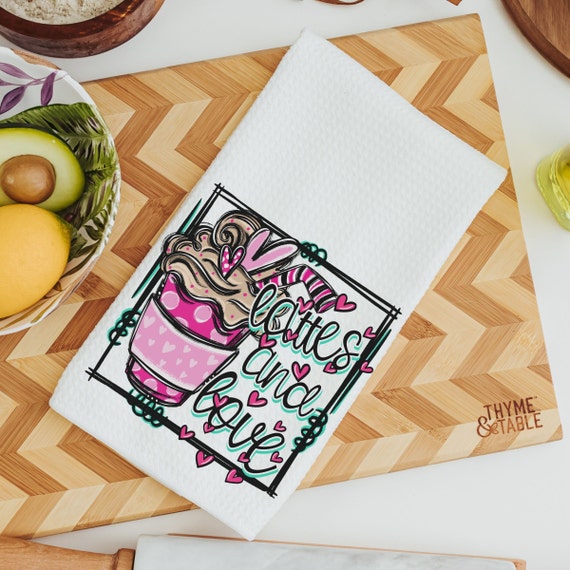 lattes and love pink latte Valentines kitchen towels, Valentines coffee hand towels for bathroom, Galentines day gifts for best friend, cute
