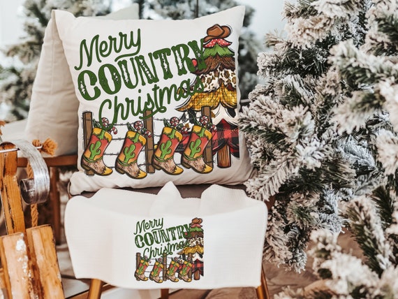 merry country Christmas throw pillows for sofa, cowboy Christmas tree Christmas kitchen towels, western Christmas decor for home, hostess