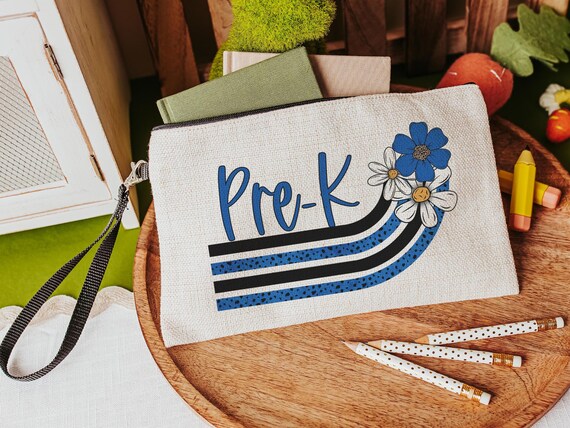 personalized back to school supplies, blue school spirit pencil bag with name, pre k teacher gifts for coworkers, cute daisy makeup bags for
