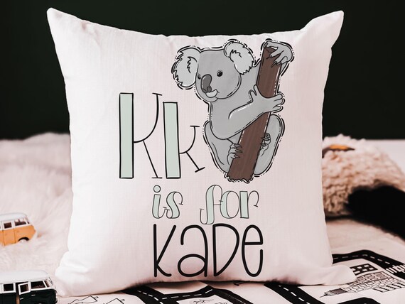 personalized koala bear nursery throw pillow with name, k is for koala nursery theme Australian animals baby decor, zoo baby shower gift