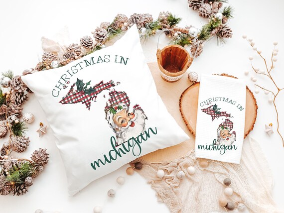 custom state Christmas kitchen towels for friends, Santa Claus Christmas throw pillows for sofa, Michigan Christmas gifts for neighbors