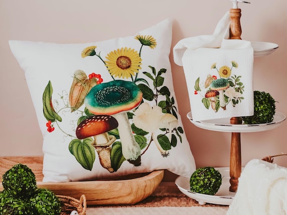 mushroom throw pillow for couch, toadstool decor, mushroomcore green academia mushroom kitchen towels, new apartment gift for her, nature