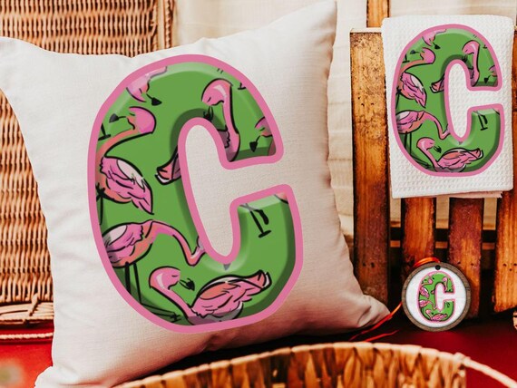 custom flamingo throw pillow for bed, personalized beach house gift set for women, tropical kitchen towels, flamingo gifts for her, initial