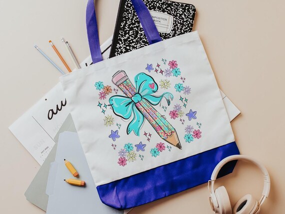 colorful leopard print pencil bow coquette tote bag for teachers, back to school gifts for coworkers, cute teacher tote bag for books, first