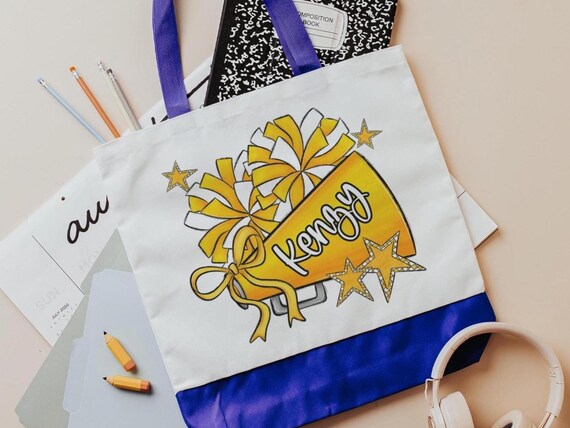 personalized cheer tote bag with name, yellow school spirit cheerleading gifts for girls, Christmas gifts for cheerleaders stocking stuffers