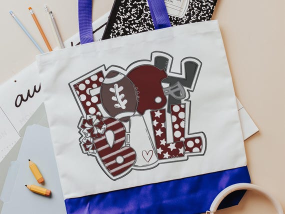 football mom tote bag for back to school, maroon school spirit bag for her, game day gear for teachers, college football tailgate essentials