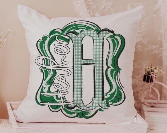Personalized Green Gingham Initial Throw Pillow