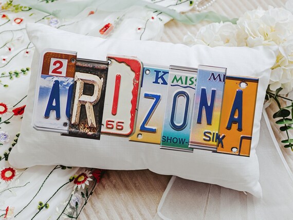 custom license plate state throw pillows for couch, realtor closing gift for buyers, Arizona gifts, bungalow decor, moving away gift for