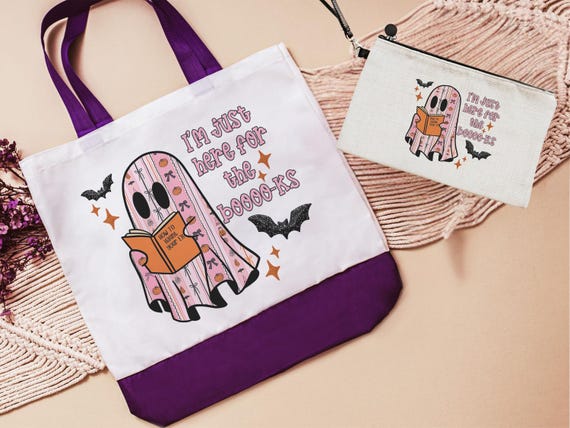 just here for the books librarian tote bag for women, bookish ghost trick or treat bags for girls, cute Halloween coquette makeup bags best
