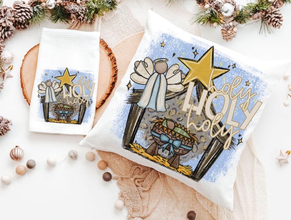 holy holy holy hymn Christian throw pillow for couch, nativity scene Christmas kitchen towels for gifts, primitive angel Christmas decor for