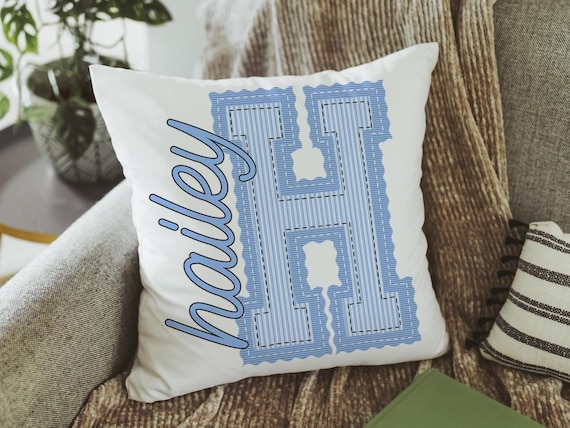 personalized Carolina blue seersucker pillow with name, Christmas gifts for college girls, tween girl gifts, initial throw pillow for girls