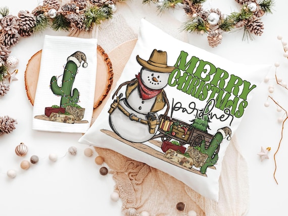 wild west cowboy snowman cute Christmas throw pillows for sofa, country western Christmas decor, cactus Christmas kitchen towel, funny
