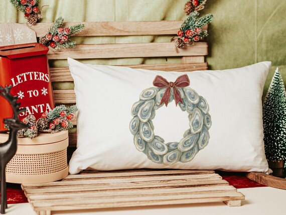 oyster shell Christmas wreath lumbar throw pillows for chairs winter designs, oyster Christmas decorative pillows for couch, beach Christmas
