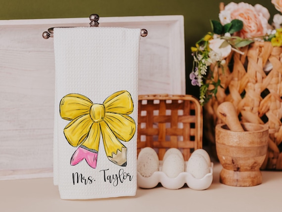 Personalized teacher coquette pencil bow towel