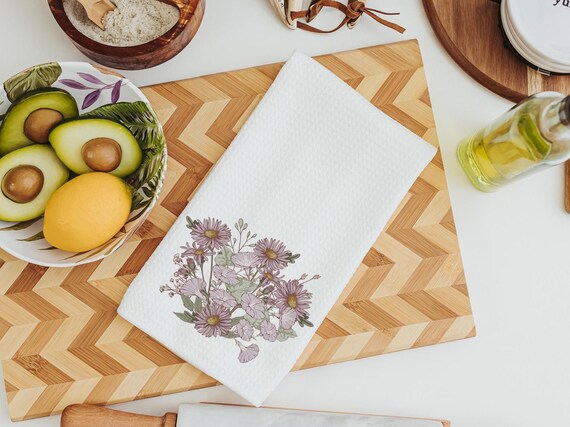 september birth flower morning glory flower kitchen towels, September birthday gift for her, purple aster muted floral bathroom hand towels