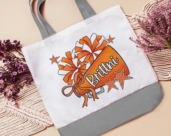 personalized cheerleader tote bag with name, orange school spirit cheer squad accessories, travel cheer bag for girls, cheerleader gifts