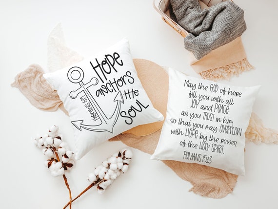 hope anchors the soul Bible verse throw pillows for bed, may the God of hope Romans 15 13 scripture pillow covers 18 x 18, his and hers gift