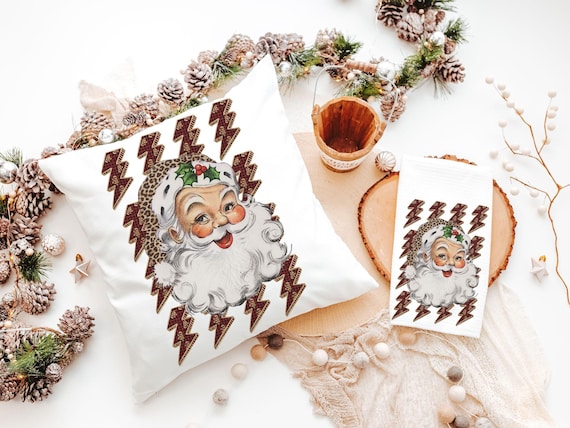 leopard print Santa throw pillow for couch, lightning bolt trendy Christmas kitchen towels for friends, secret Santa gifts for women, funky