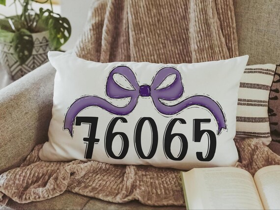 personalized school spirit coquette throw pillow for dorm, purple team spirit college gifts for her, zip code pillow for bed, college dorm