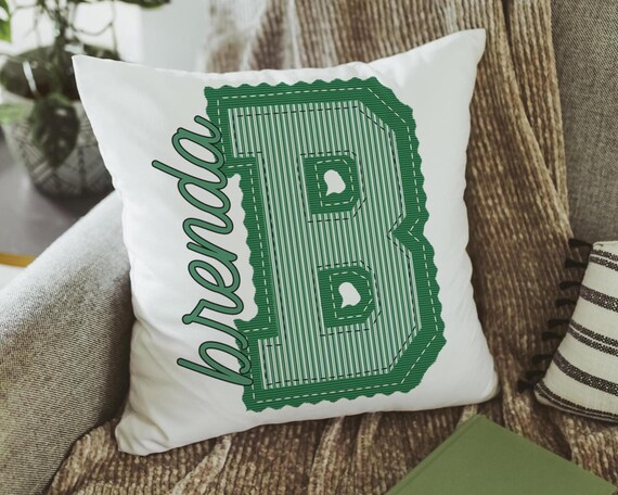 Personalized kelly green seersucker stripe initial pillow