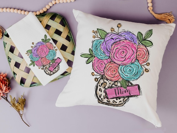 Custom floral throw pillow for bedroom, personalized Mothers day gift for Mom, Mothering Sunday gifts, leopard print name pillow for