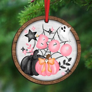 girly goth coquette Halloween tree ornament handmade, boo basket tag ghost ornament wood, cute Halloween gifts for adults, pink pumpkin door