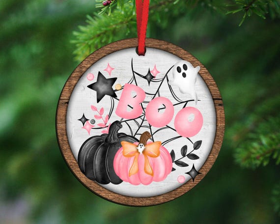 girly goth coquette Halloween tree ornament handmade, boo basket tag ghost ornament wood, cute Halloween gifts for adults, pink pumpkin door