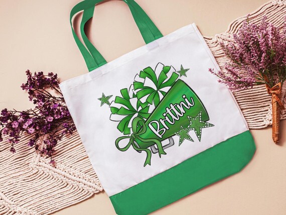 personalized cheerleading tote bag with name, green school spirit gear, stocking stuffers for teenage girls Christmas gifts for cheerleaders