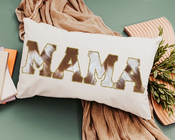 mama throw pillow for bed, cowhide lumbar pillow for chair, western decor for bedroom, cowboy baby shower gifts for mom to be, cow gifts for