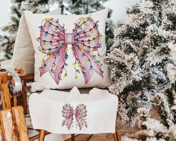 bow Christmas lights cute Christmas throw pillows for couch, coquette Christmas kitchen towels for friends, pink Christmas decor for home
