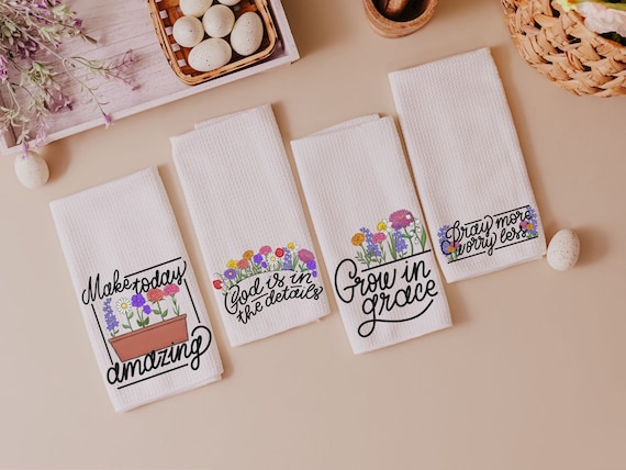 grow in grace wildflower kitchen towels, pray more worry less flower dish towels for drying dishes, Christian gifts for Mom, faith gifts for